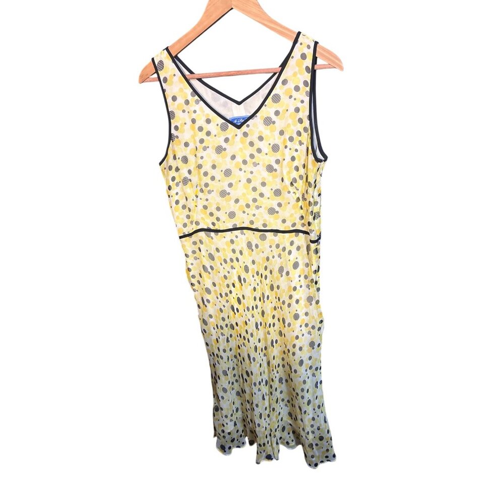 Vintage La Rue 39 Yellow & Gray Polka Dot Silk Sleeveless Dress V-Neck Size 10 Y